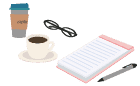 イラスト：コーヒー、眼鏡、ノート